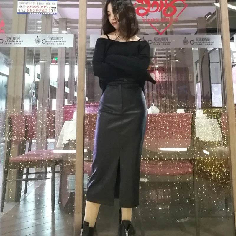 DEAT Fast Delivery New Fashion Korean Female PU Leather Mid-calf Length Spit Sexy High Waist Skirt AY095 black