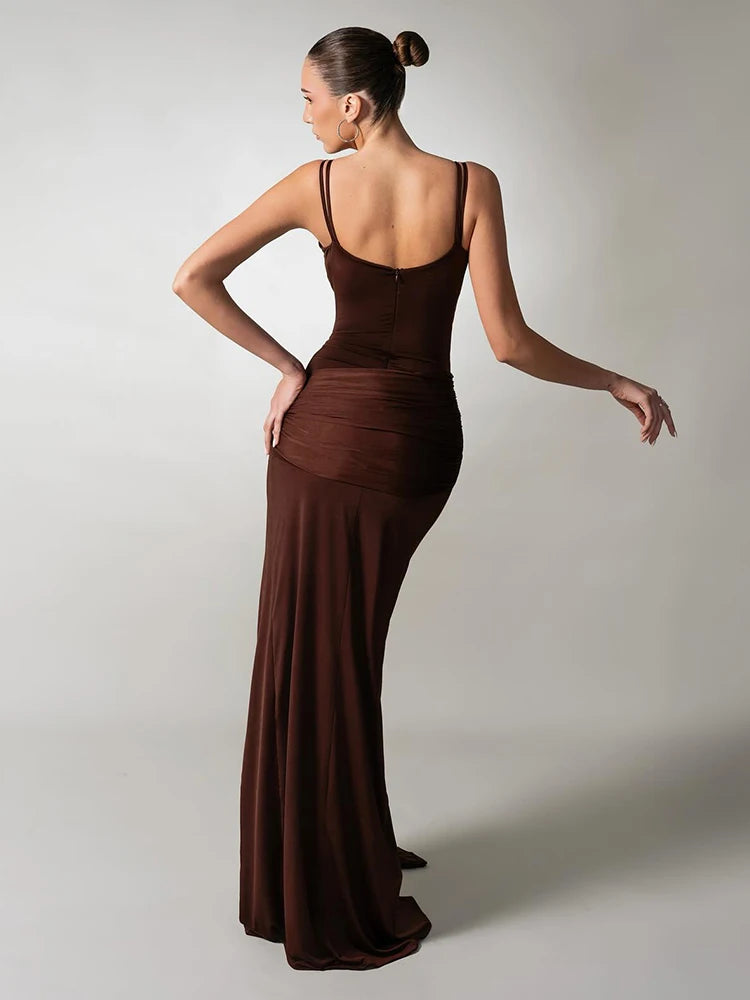 Chocolate Brown Strappy Sleeveless Draped Dress with High Slit & Cutout Detail for Formal Dinner Party Gown