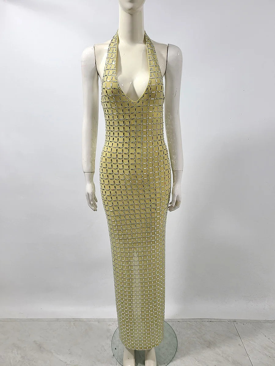 Super Sparkling Diamonds Sexy See Through Mesh V-Neck Sheath Ankel Length Dress Fashion Woman Party Dress Birthday Party Outfit Yellow