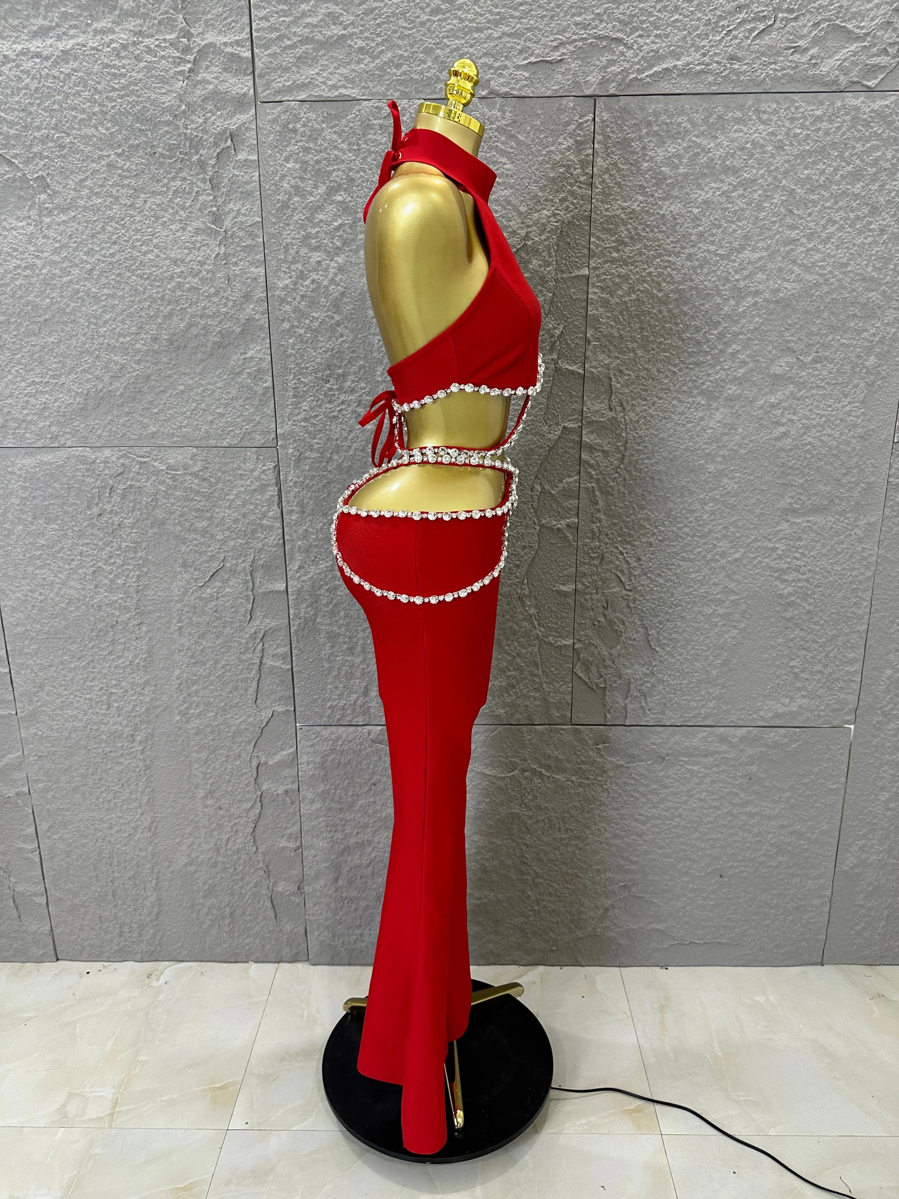 Luxurious Red Two Piece Set Women Sexy Halter Neck Crystal Cutout Crop Top Flare Pants Outfit Stage Performance Costume