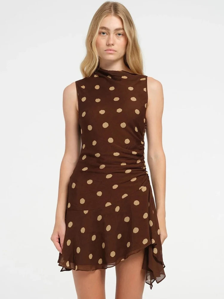 Sleeveless Polka Dot Dress For Woman Fashion Brown Print Mesh O Neck Ruched Mini Dress Elegant Irregular Dresses