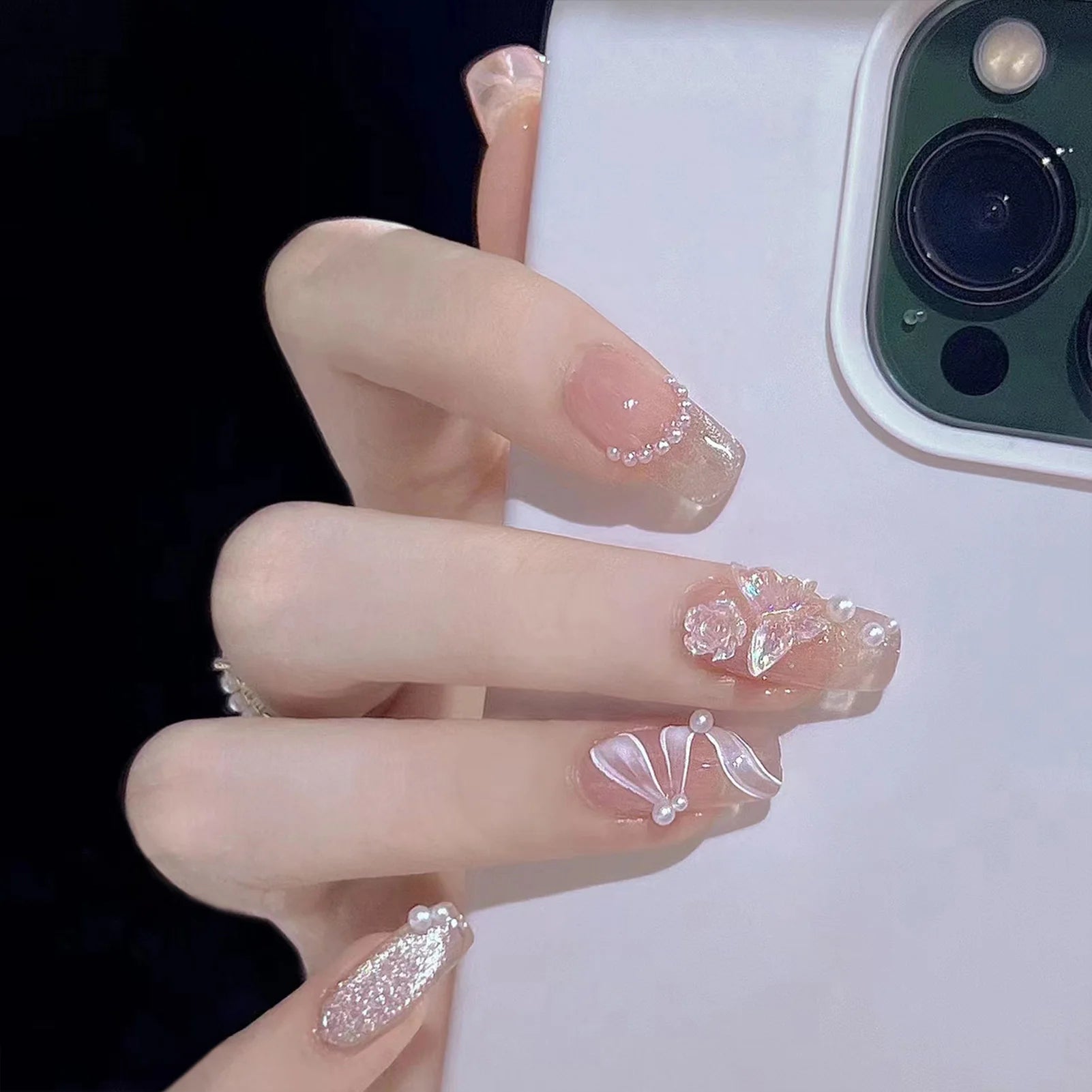 Red Tip False Nails With 3D Flower Decor Lightweight And Easy To Stick Fake Nail For Daily And Parties Wearing Portable Nail Art