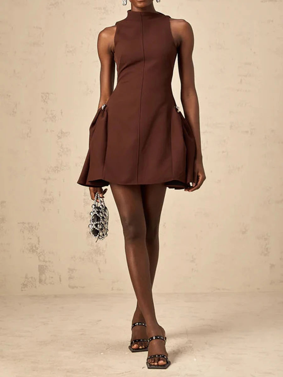 Solid Slimming Elegant Mini Dresses for Women Round Neck Sleeveless Patchwork Folds Tunic Dress Female Clothing New BROWN