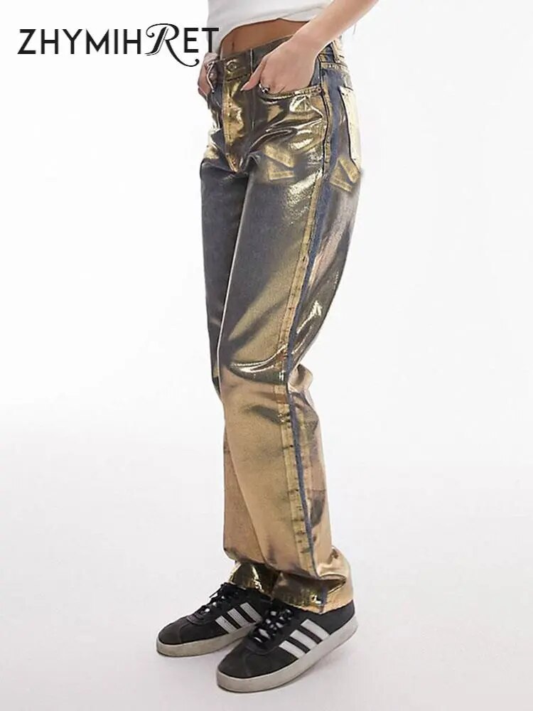 ZHYMIHRET Gold Stamping Straight Jeans For Women 2024 Autumn Winter Metallic Denim High Waist Pants Streetwear Y2K Clothing