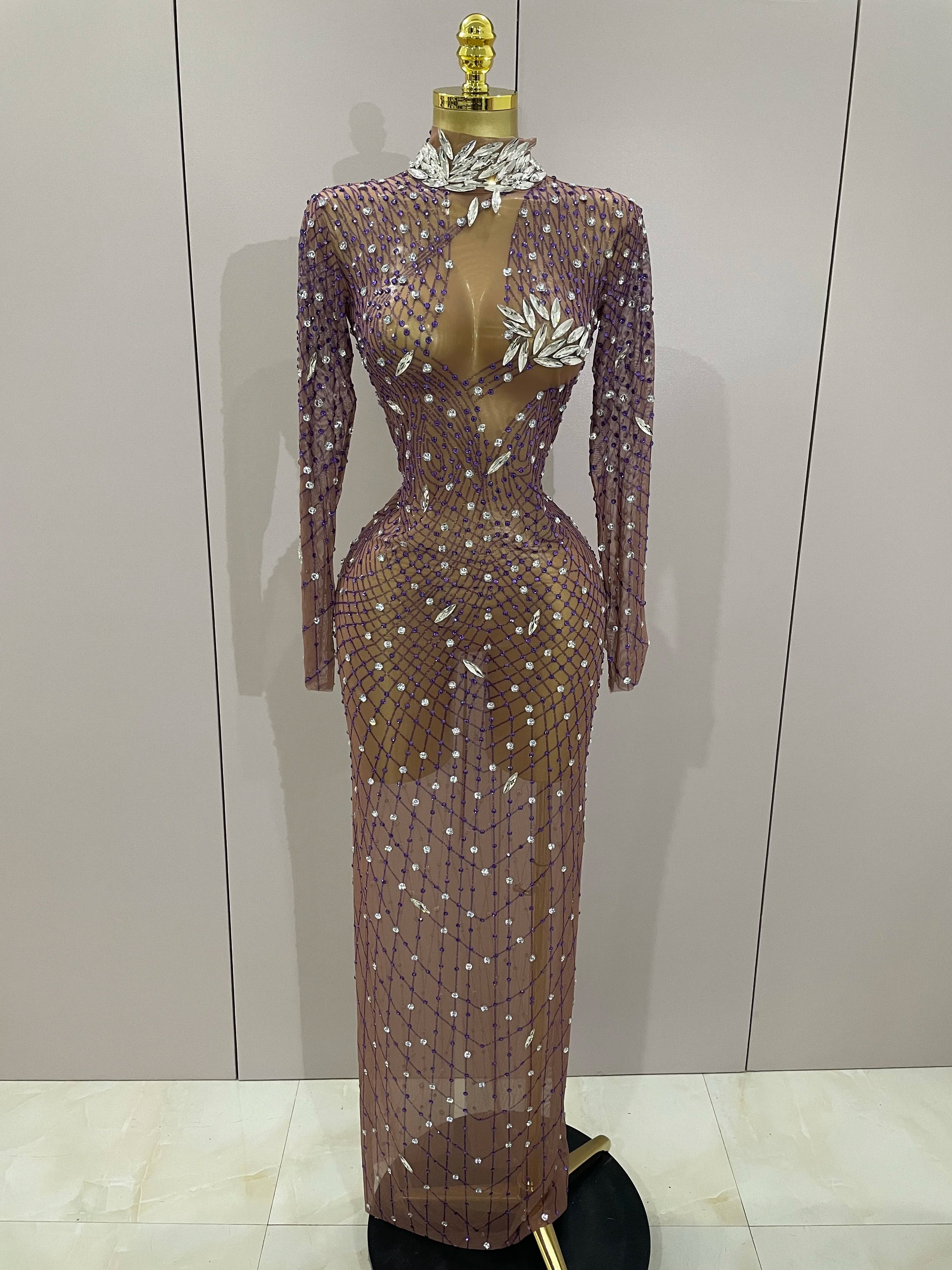 Shining Rhinestones Sexy Mesh See Through Long Dress Women Birthday Celebrate Evening Singer Show Stage Wear Photo Shoot Dress Dark Brown