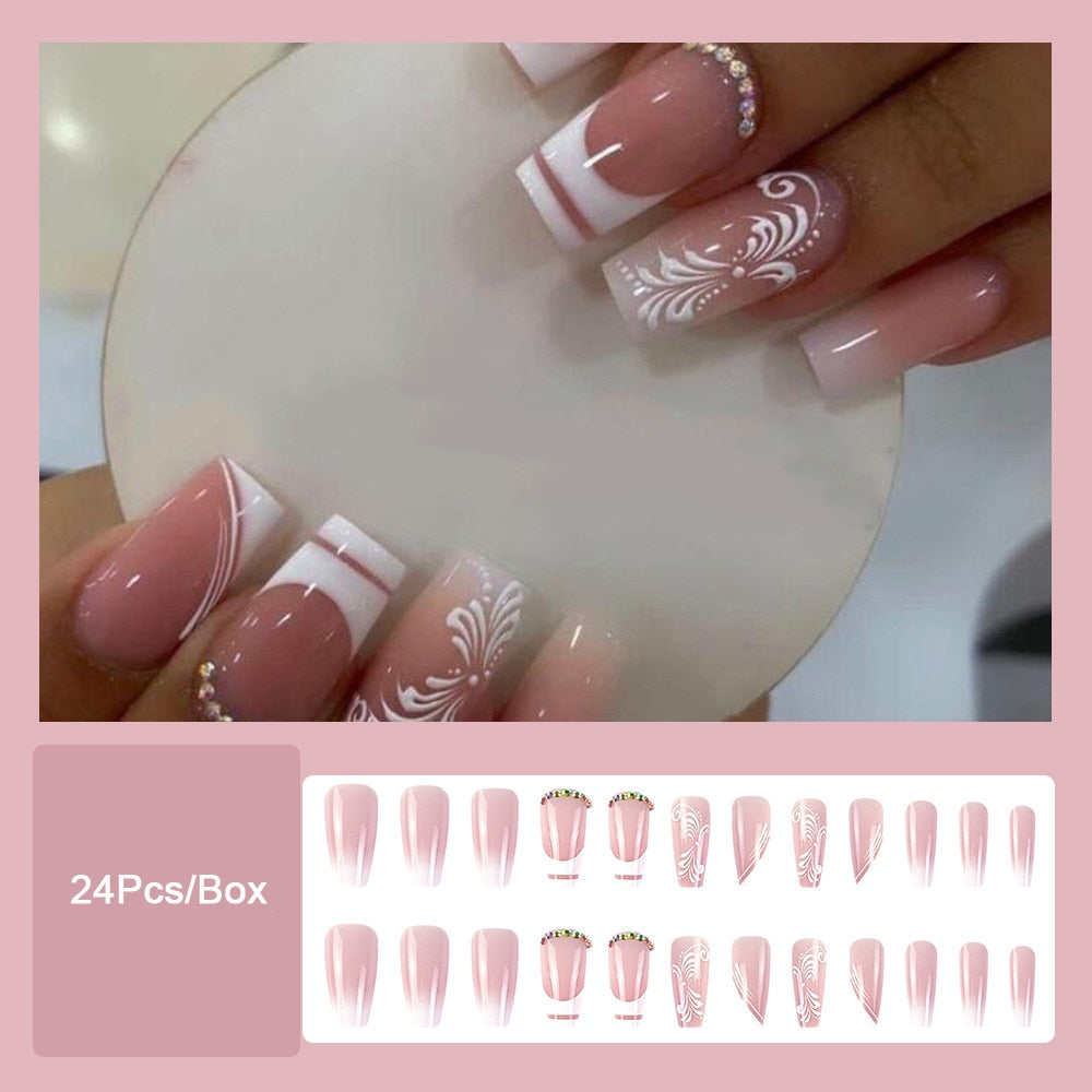 Trendy Rhinestones False Nail Tips With Print Designs Ballerina Manicure French White Fringe Coffin Fake Nails Set Press on Nail Default Title