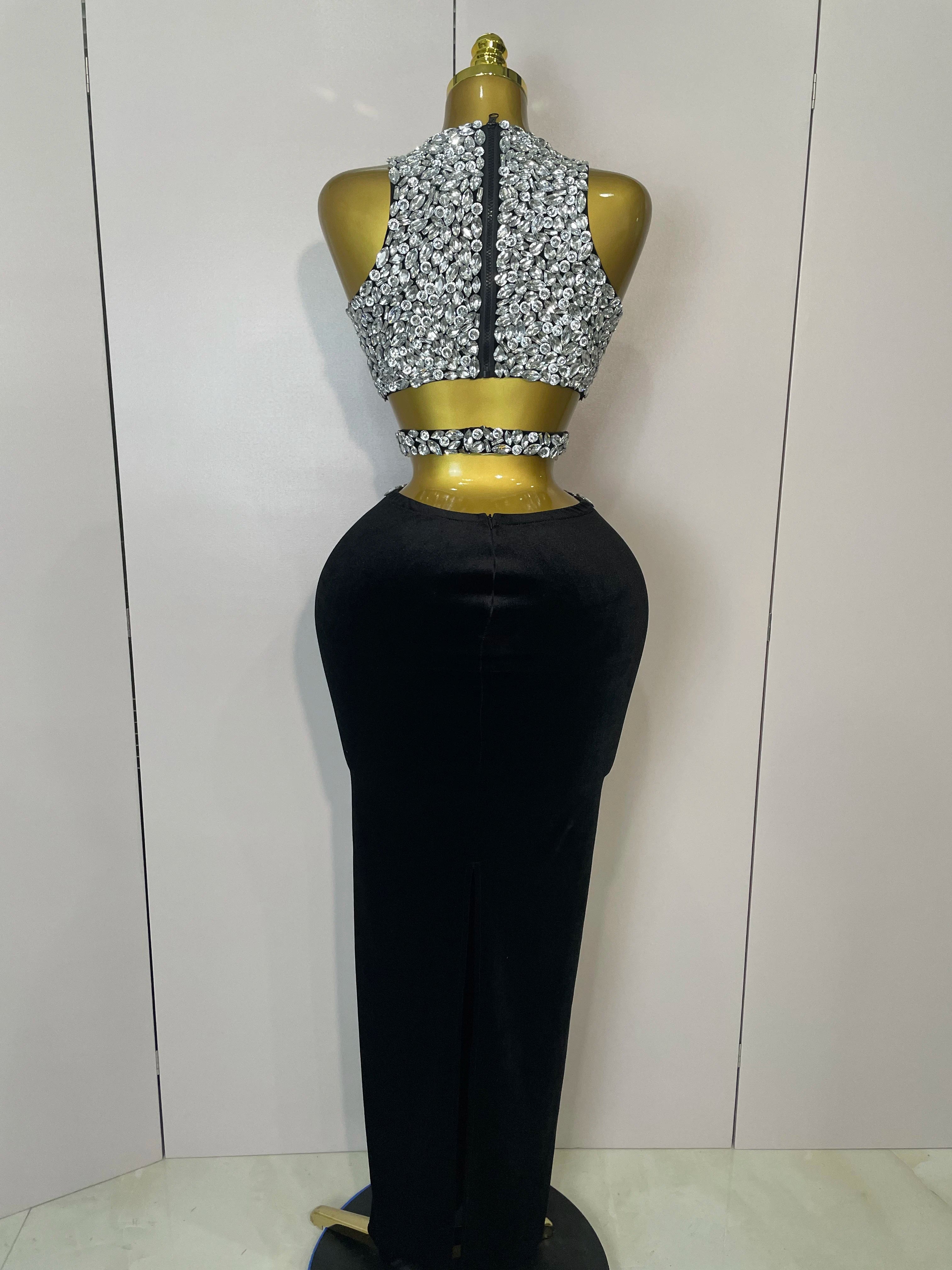 STOCK 2025 Women Sparkly Rhinestone Two-piece Set Sexy Velvet Singer Nightclub Outfit Celebrate Birthday Elegant Party Dresses