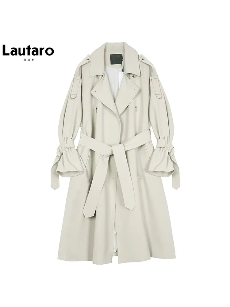 Lautaro Spring Autumn Long Soft Flowy Trench Coat for Women Sashes Raglan Sleeve Double Breasted Loose Casual Korean Fashion