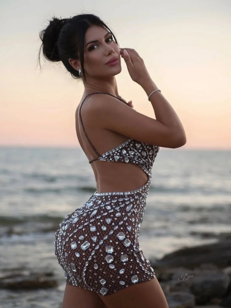 Stock Women Luxury Sexy Mesh Sequins Crystal Diamonds Mini Dress Birthday Party Costume Bar Nightclub Stage Performance Dress