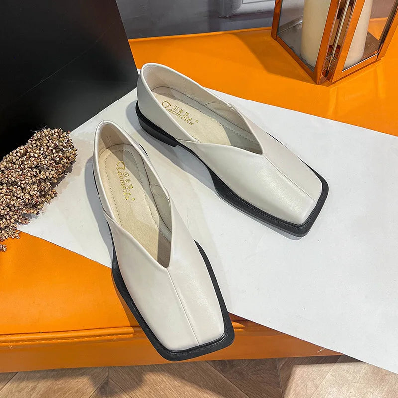 New spring women's outerwear shoes Square toe design Mary Jane shoes Women's casual low-heeled shoes Work boat shoes 41-43 Ivory
