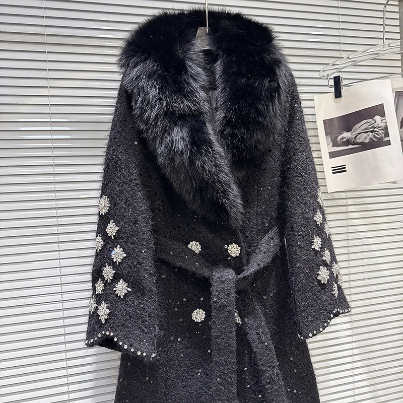 Winter New Fashionable Large Fox Fur Collar Sequin Embroidery Cotton Inner Trench For Women Long Coat Female 11A07776