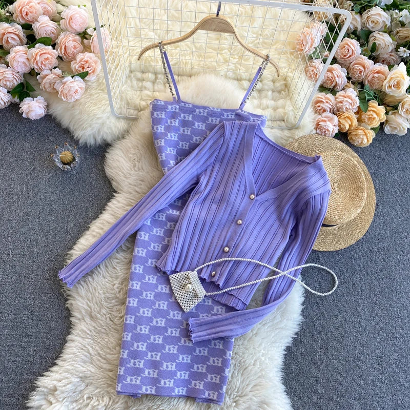 Women Dress Set Spring Autumn Fashion Y2K Knitted Chains Straps Mini Dress + Full Sleeve Cardigans Coats PURPLE One Size