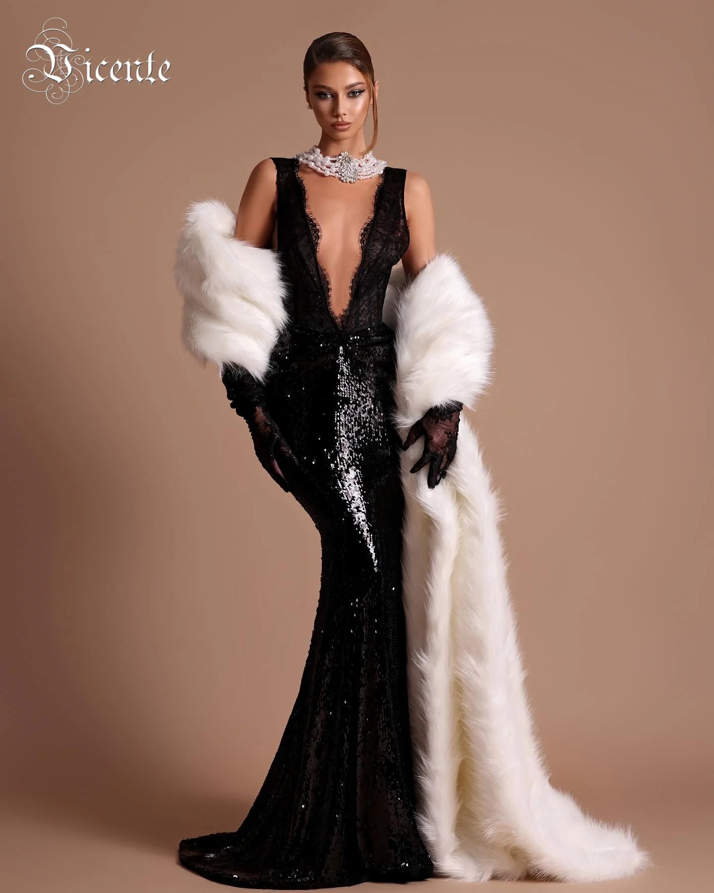 Alluring Black Sequin Deep V Neck Backless Lace Design Mermaid Dress for Party Dinner Evening Gown