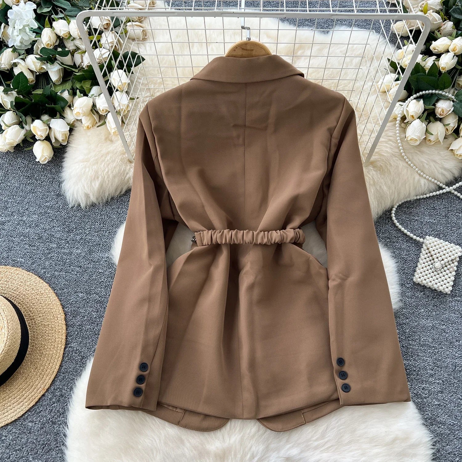 Chic Notched Collar Women Vintage Long Sleeve Slim Button Sashes Suit French Fashion Office Lady High Street Autumn Elegant Top