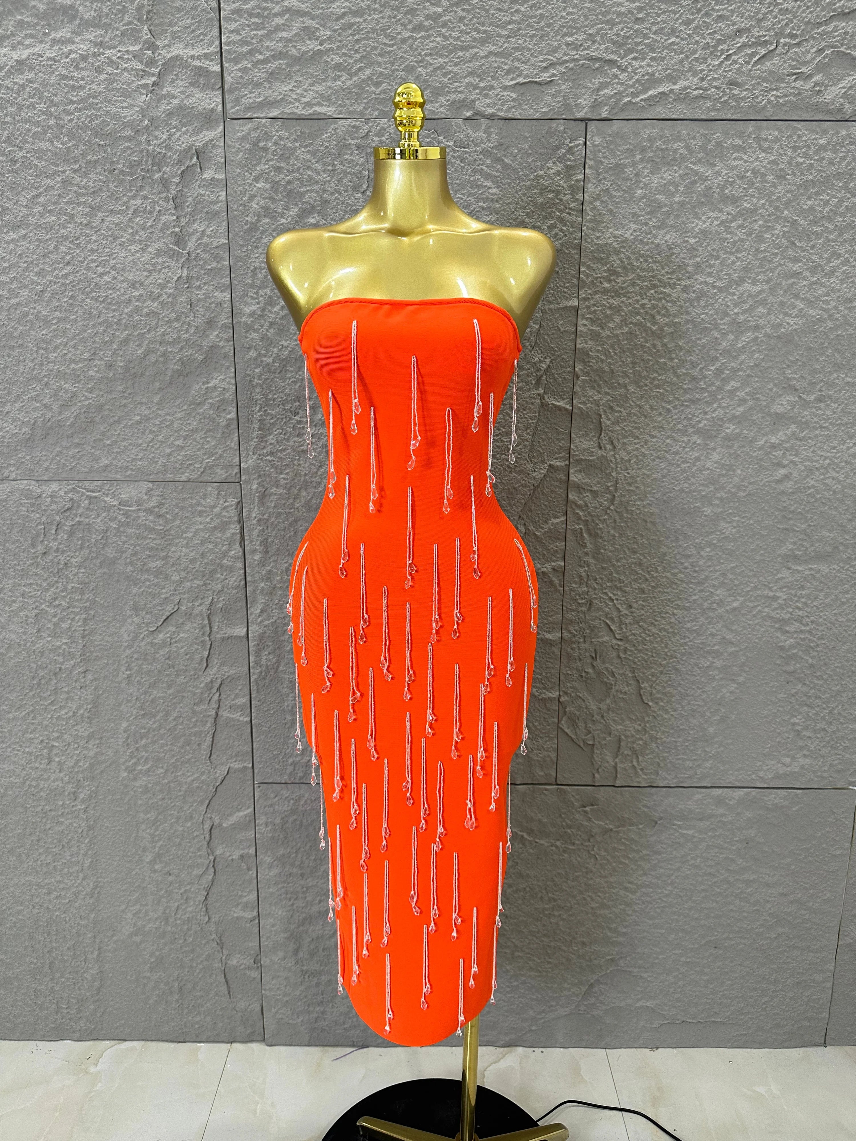 Elegant Orange Crystal Tassel Midi Dress Women Sexy Strapless Rhinestone Fringe Bodycon Slim-fit Outfit Evening Gala Costume Orange