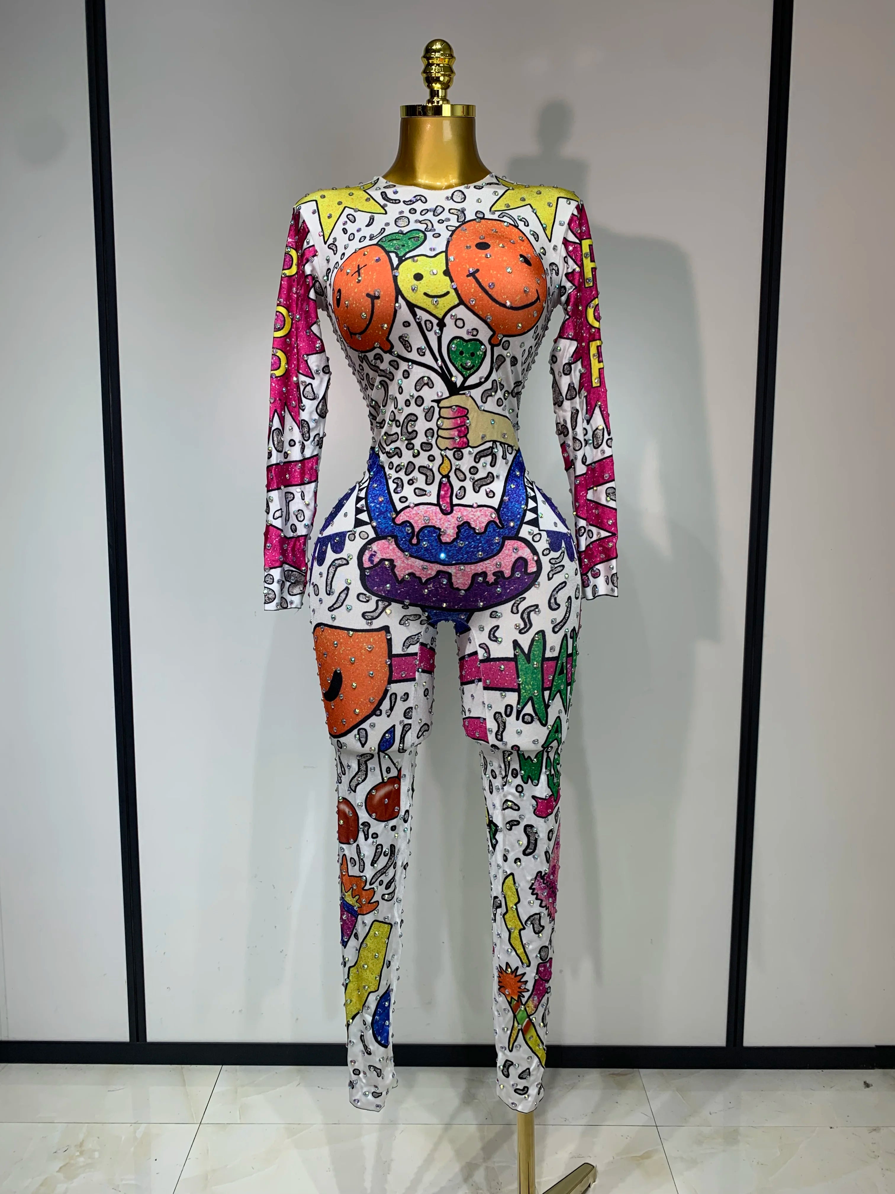 Sparkly Colorful Balloon Cartoon Stretch Sexy Dance Stage Jumpsuit Birthday Party Shiny Rhinestone Performance Club Stage Outfit MULTI