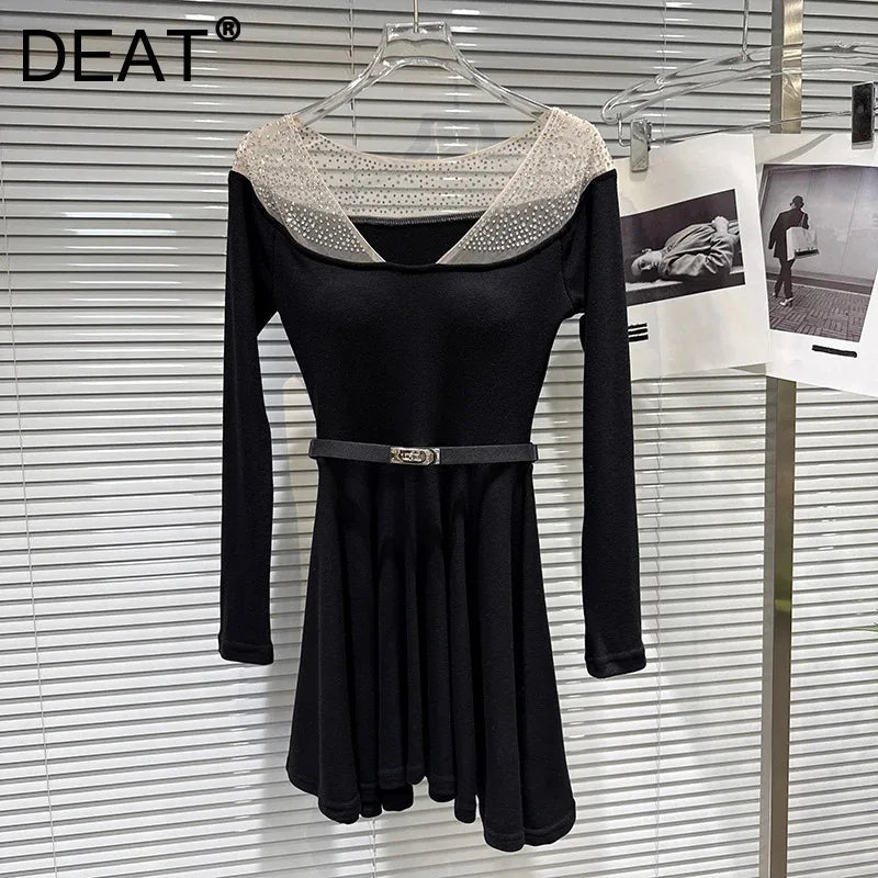Winter New Elegant Fashion Rhinestone Mesh Collar With Belt Chest Pad Knitted Dress For Women Slim Dresses 11A07734
