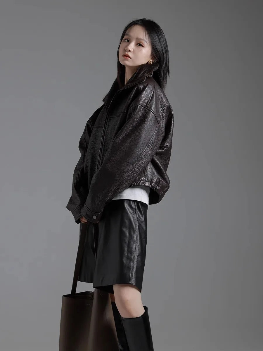 Lautaro Spring Autumn Cool Waterproof Short Brown Pu Leather Jacket Women with Long Raglan Sleeve Zip Up Luxury Designer Clothes