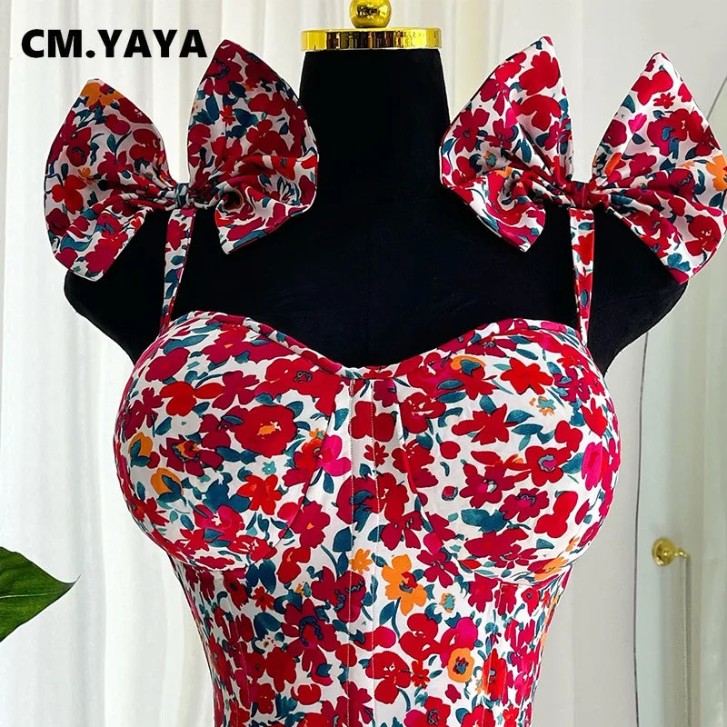 Women Floral Printed Sleeveless Bowknot Strap Big Swing Mini Dress 2025 Evening Sexy Beach Party Birthday Street Dresses