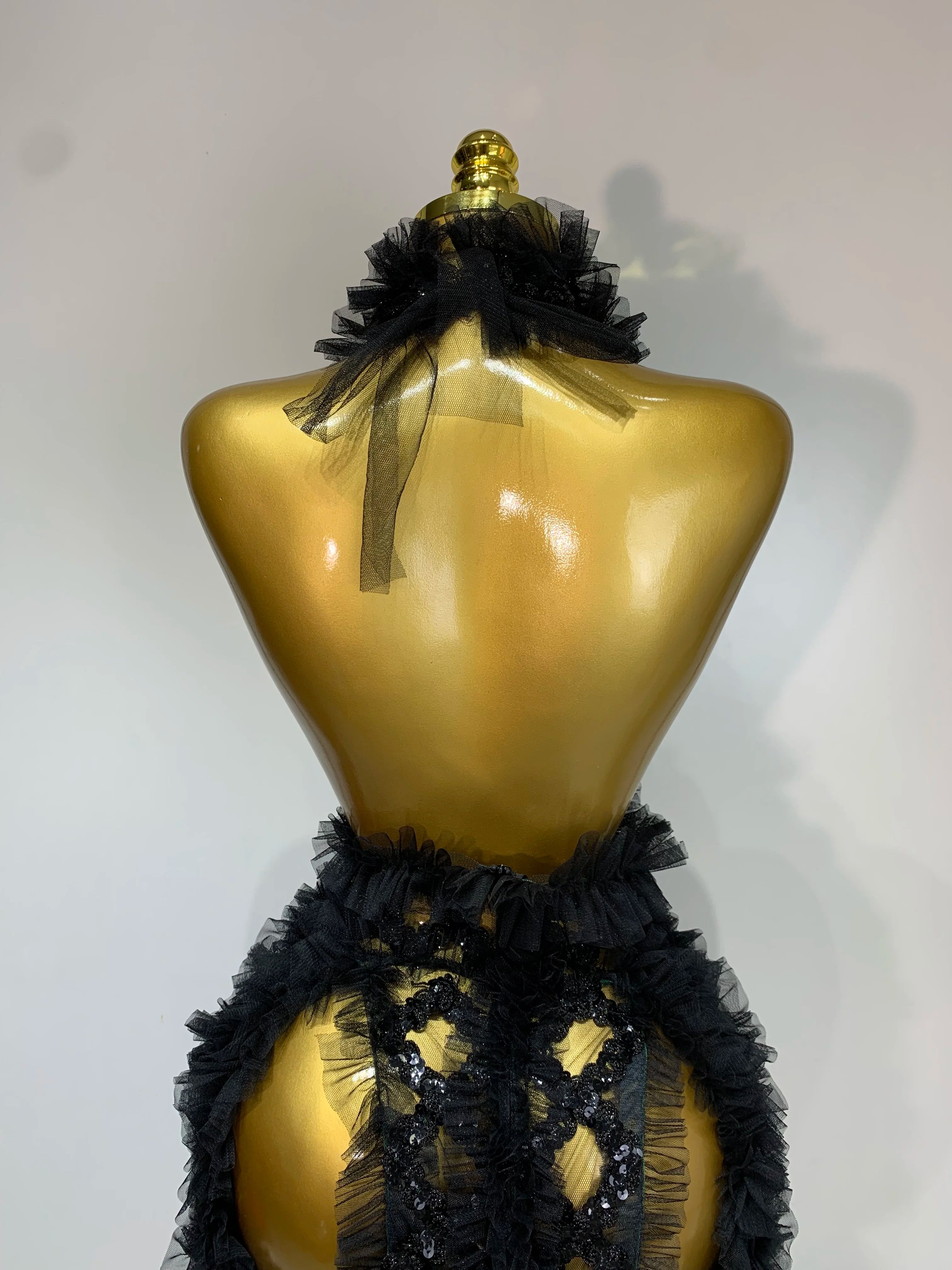 Black Mesh Sequins Sexy Halter See Through Dress 2025 Evening Party Prom Nightclub Singer Performance Costume Stage Wear