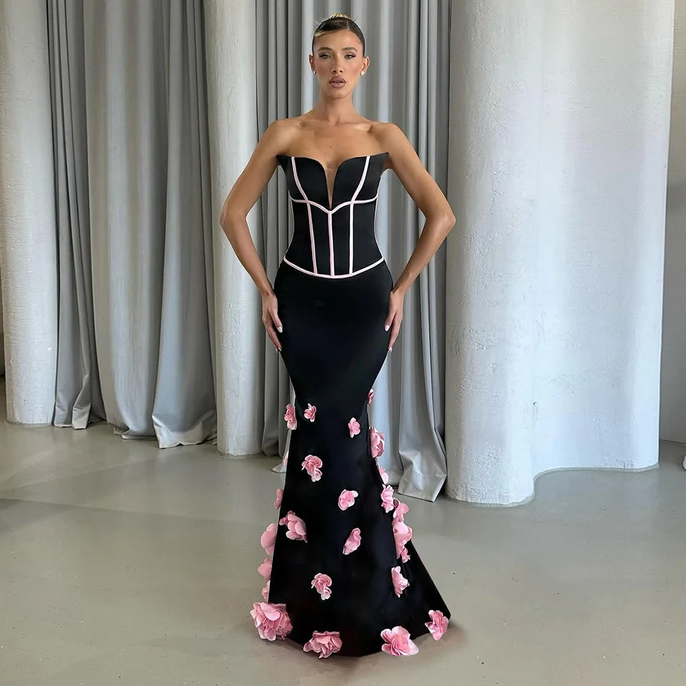 Sexy Off Shoulder 3D Flowers Bandage Mermaid Dresses Womens Strapless Evening Party Formal Long Dress Birthday Prom Vestidos black