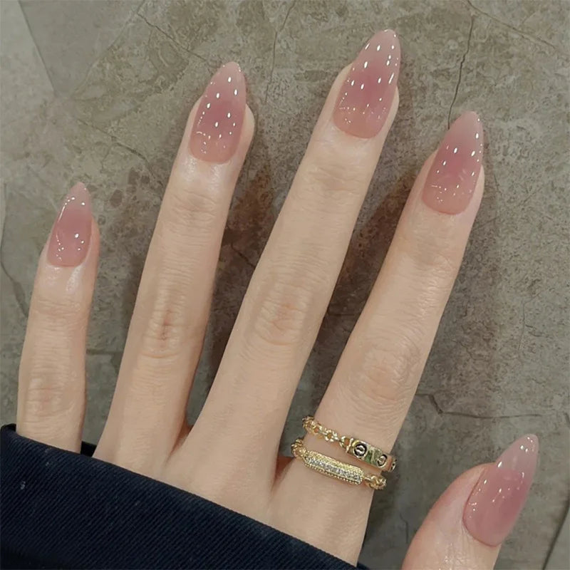 24Pcs Simple Nude Pink Solid Nail Art Set with Jelly Glue Short Oval Fake Nails Aurora Flash Almond Sweet Wearable Nail Stickers 3