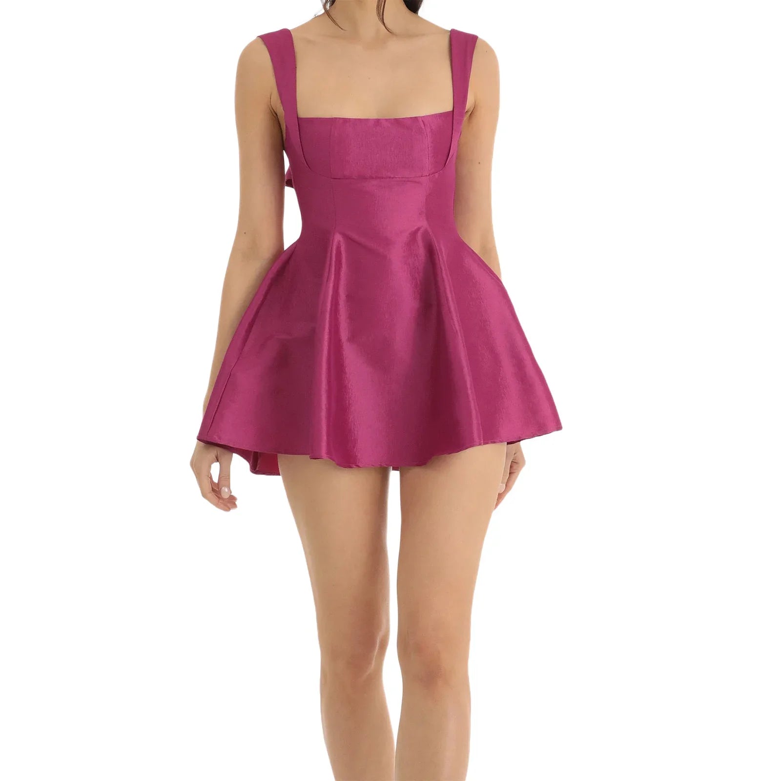 Women Summer Backless Big Bow Straps A-line Dress Sweet Solid Color Sleeveless Square Neck Short Dresses for Party Cocktail Prom Rose Red