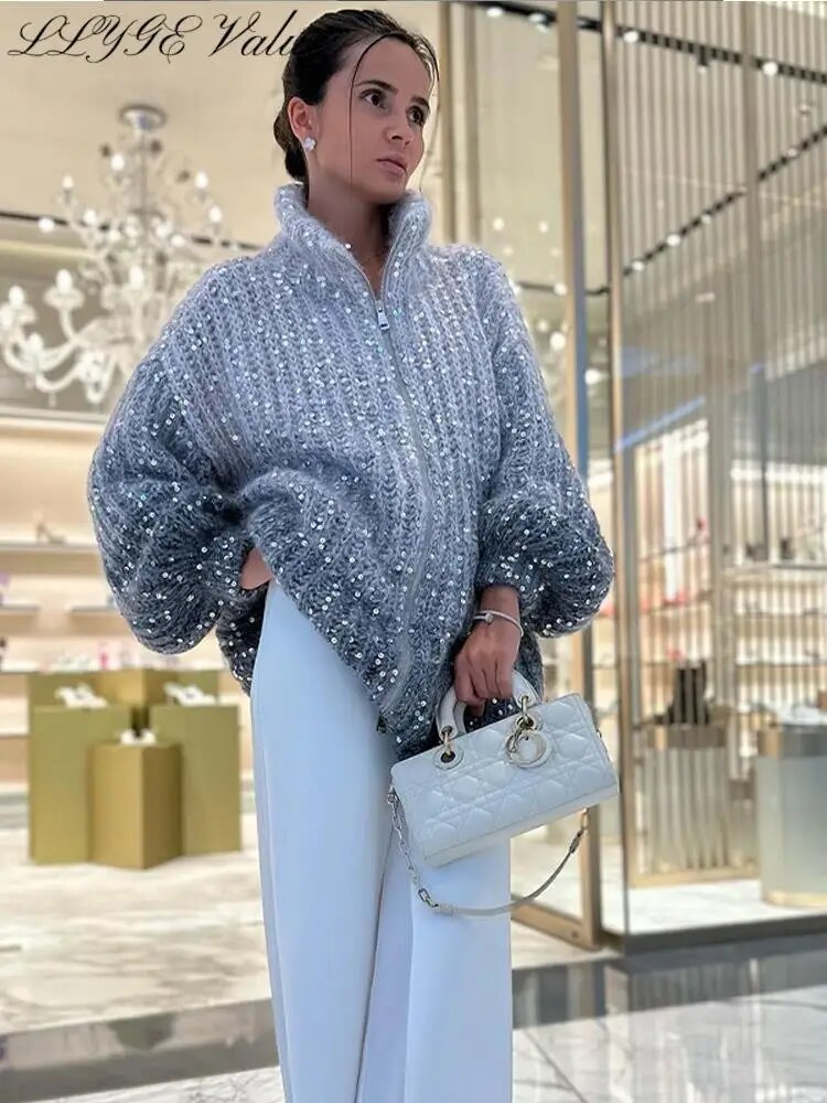 Sequin Knitted Women's Sweater Autumn Bishop Sleeve Zippers Loose Casual Sweaters Female 2024 Lady Stand Collar Outerwear