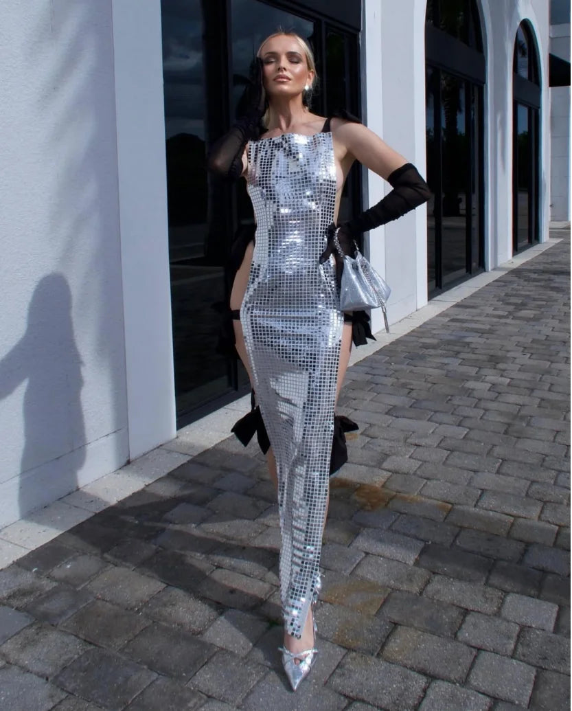 Celebrity Red Carpet Dress Women Sleeveless Sexy Shinning Sequined Bodycon Long Dress Side Bow Celebrate Evening Party Wear