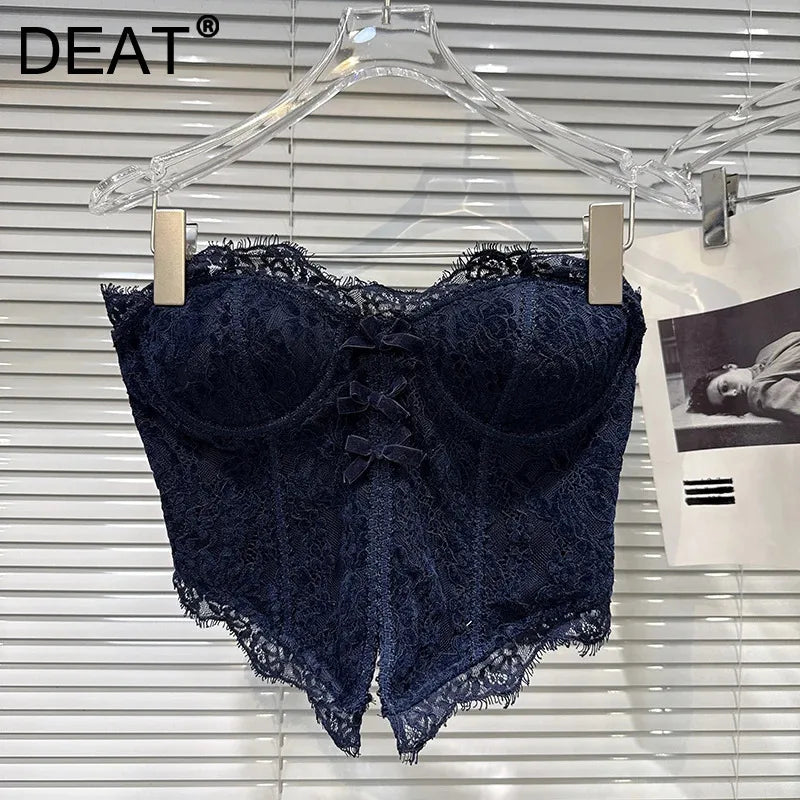 DEAT 2026 Spring New Fashion Sweet Bow Lace Edge Fishbone Chest Pad Strapless Vest For Women Backless Tank Tops Female 11A07820