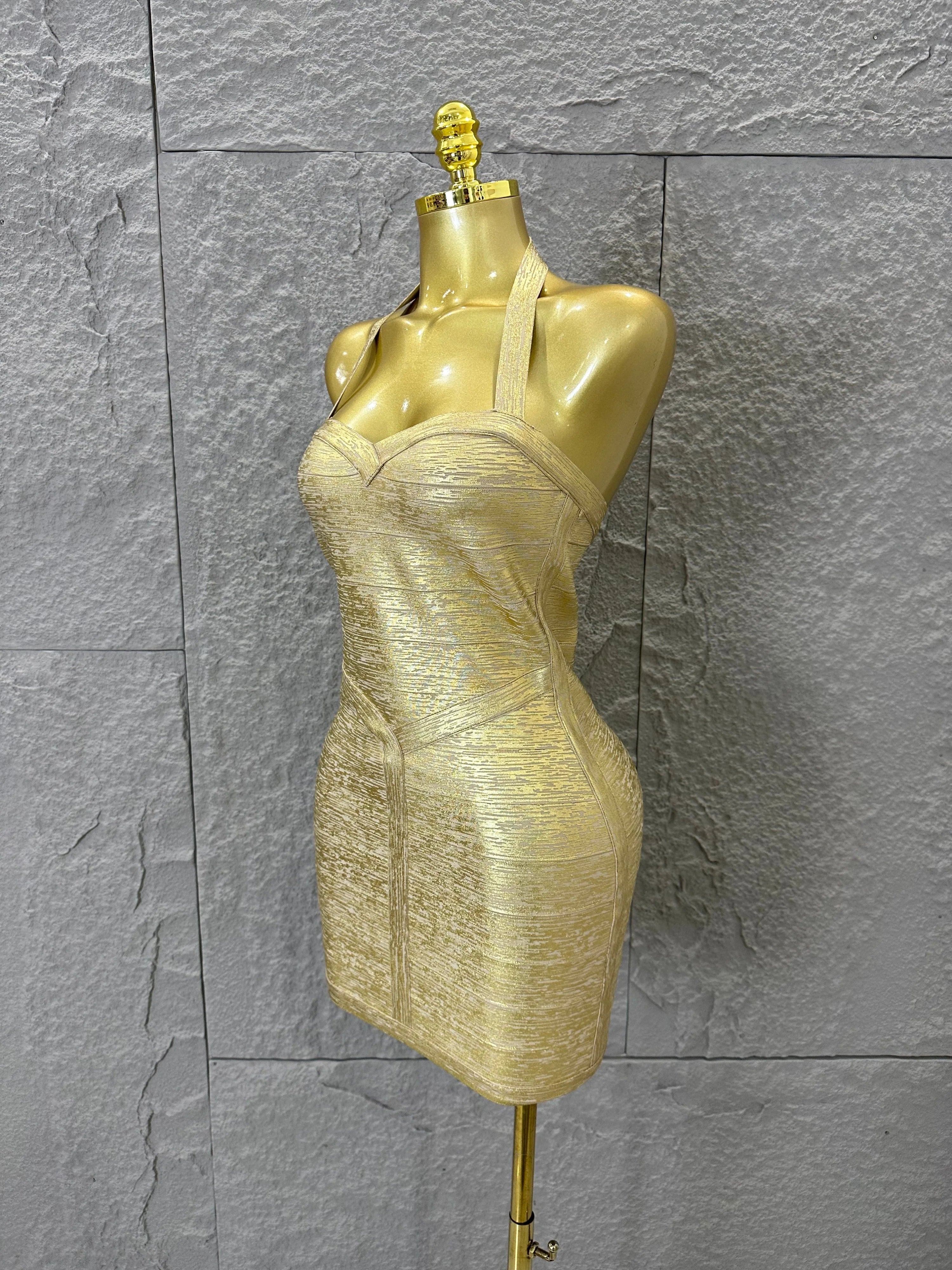 Elegant Gold Metallic Bandage Mini Dress Women Halter Neck Sweetheart Bodycon Formal Event Cocktail Party Costume