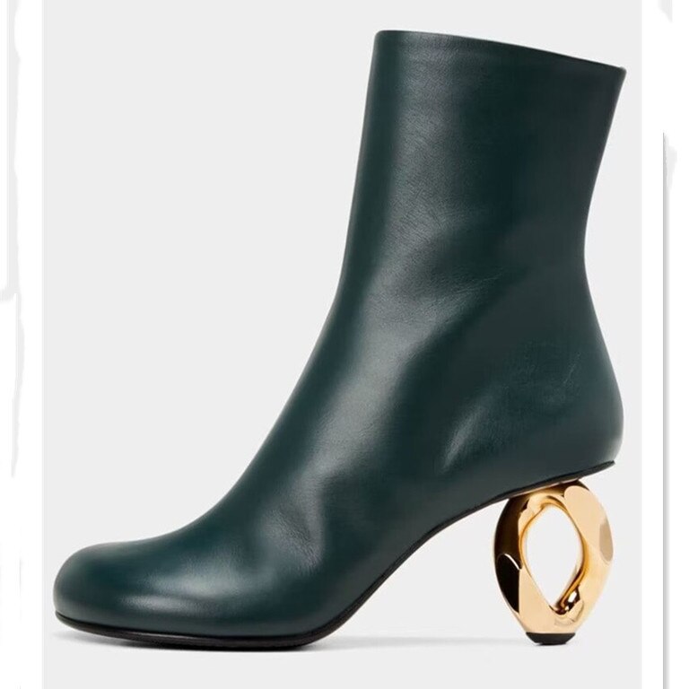 Spring and Autumn Women's New Metal Shaped High Heels Fashion Pointed Short Boots Sexy Model Show Large Women's Boots w105-Green