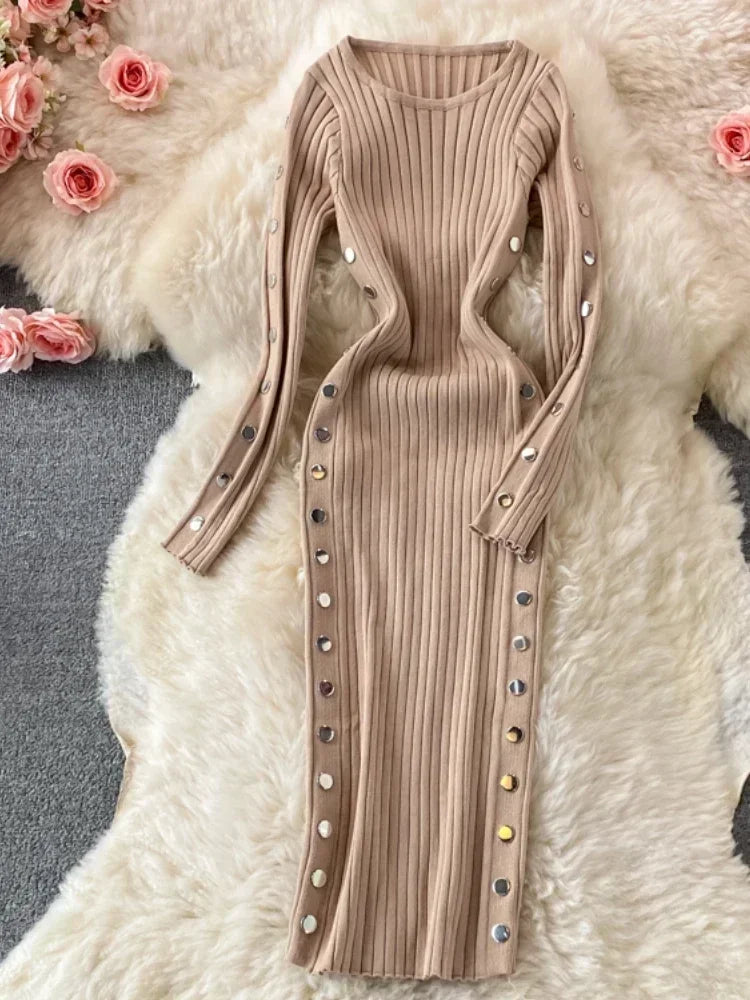 Winter Women's Knitted Sweater Dresses O-Neck Long Sleeve Slim Side Double Row Buckle Hip Wrap Dress Ladies Sheath Dress Autumn khaki One Size