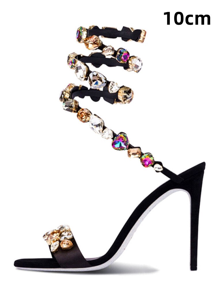 Summer New Colored Diamond Women's High Heel Sandals Water Diamond Fashion Silver Sole Party Party Party High Heel Shoes 10CM color drill