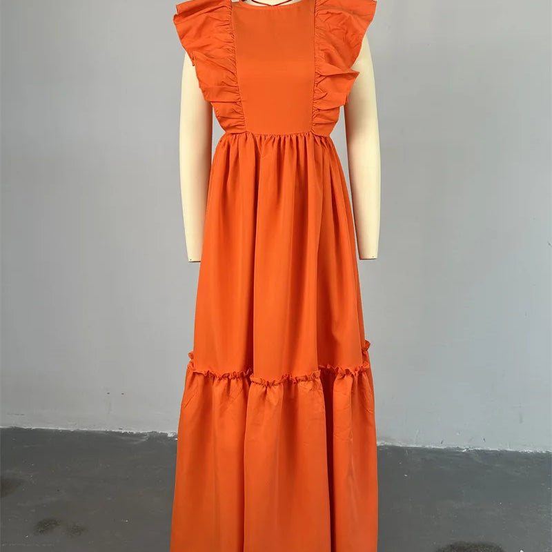 2024 Summer Ruffles Short Sleeve Sweet Cute O-Neck Floor-Length Long Women Dress Beach Streetwear Big Swing Maxi Dresses