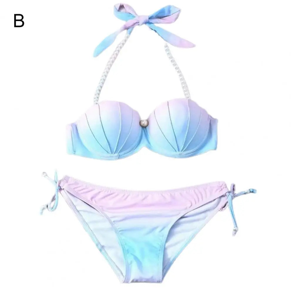 2Pcs/Set Split Bikini Gradient Color Shell Appearance Two-piece High Stretch Off Shoulder Swimwear for Beach B