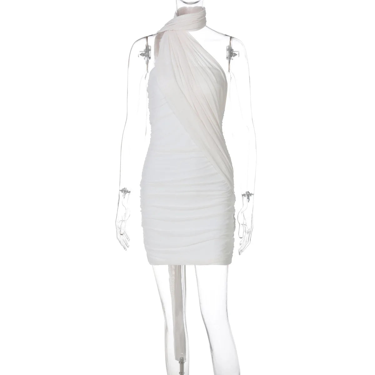 Mozision Mesh Strapless Backless Sexy Mini Dress For Women Robe Fashion Off-shoulder Sleeveless Ruched Bodycon Club Dress Creamy-white