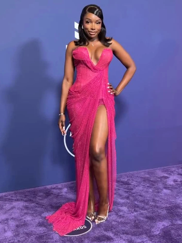 Hot Pink Strapless Sleeveless V-Neck Dress with Slit for Parties Evening Gown