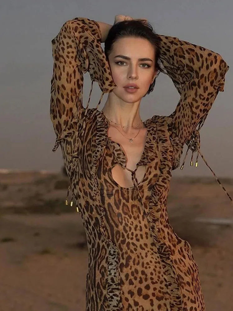 Fashion Print Ruffle Split Dress Women Spring Summer Deep V-neck Female Vestidos Elegant Long Sleeve Lace Up Lady Robe