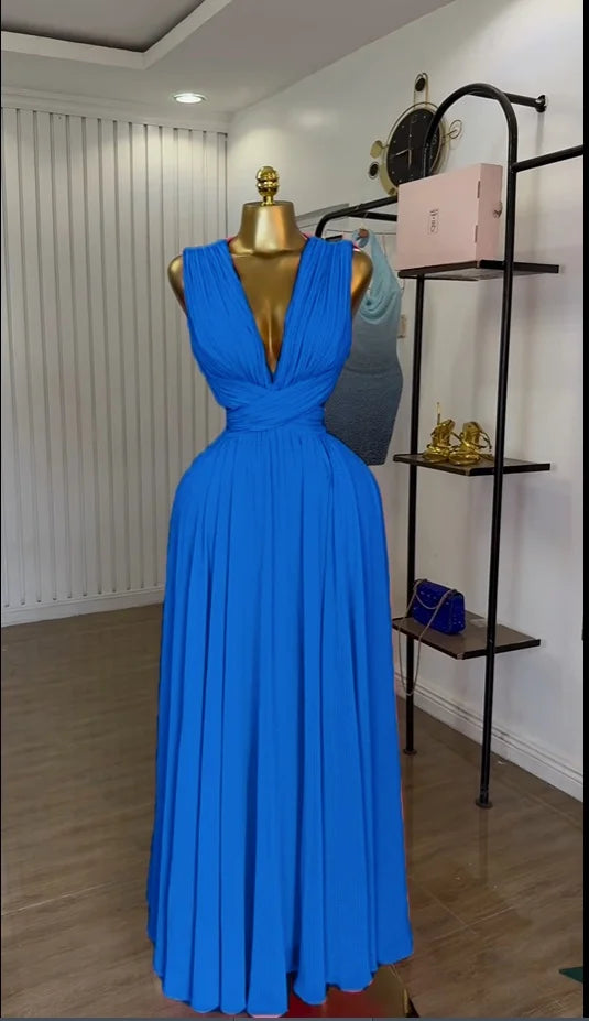 CM.YAYA Women Sleeveless Cutout Back Wrap V-neck Pleated A-line Chiffon Maxi Long Dress Birthday Vacation Sexy Party Dresses