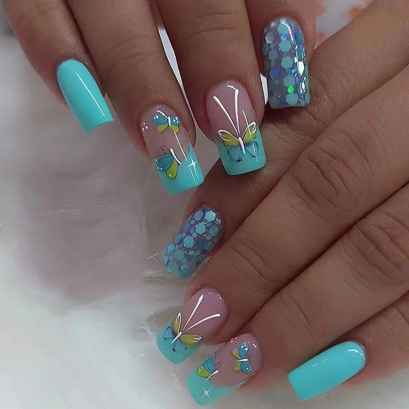 24pcs/set short square fake nails flowers leaf design for summer halloween faux ongles nail tips press on acrylic false nail art 1467