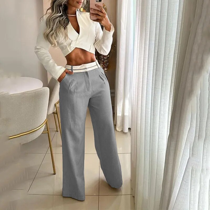 Women Two Piece Set Fashion Solid Long Sleeve Lapel V Neck High Single Button Short Top Loose With Pockets Pants Sets Grey