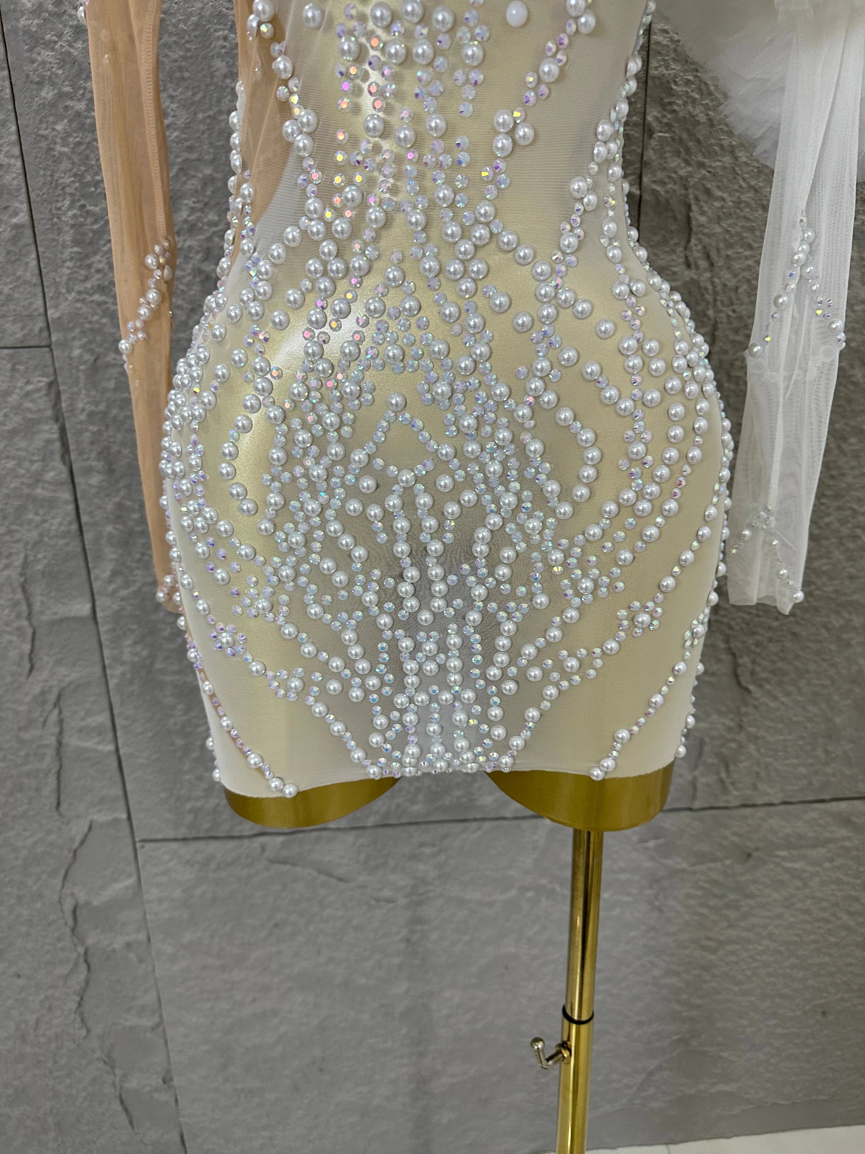 Luxurious Nude Sheer Mesh Mini Dress Women One-Shoulder Pearl Beaded Ruffle Tulle Bodycon Evening Costume