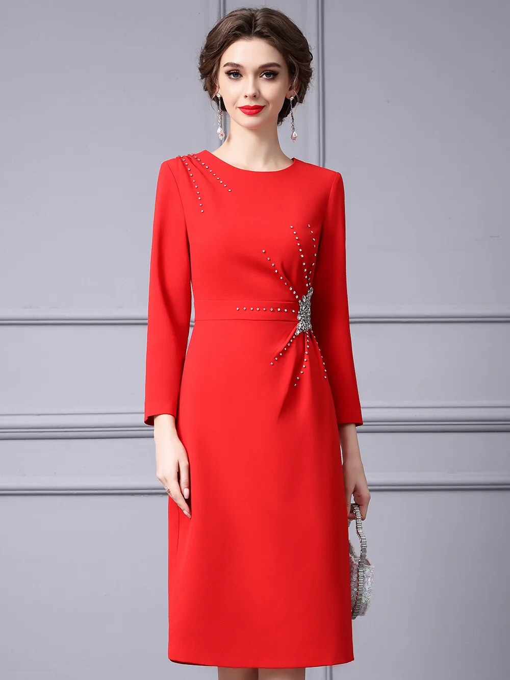 ZJYT Autumn Luxury Diamonds Party Formal Occasion Dresses for Women 2024 Elegant Christmas Red Cocktail Vestidos Fiesta Robe red
