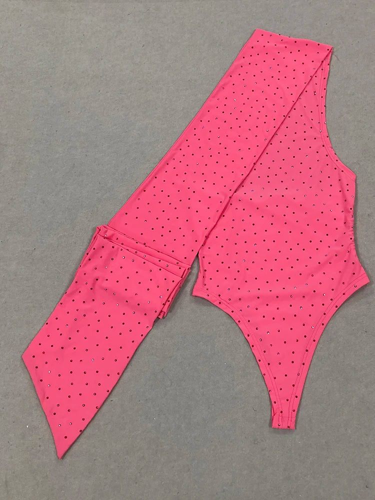 Elegant Sleeveless Halter Ribbon Ruched Details Backless Body Suit With Beaded Maxi Long Skirt Two Pieces Set Casual Wearing