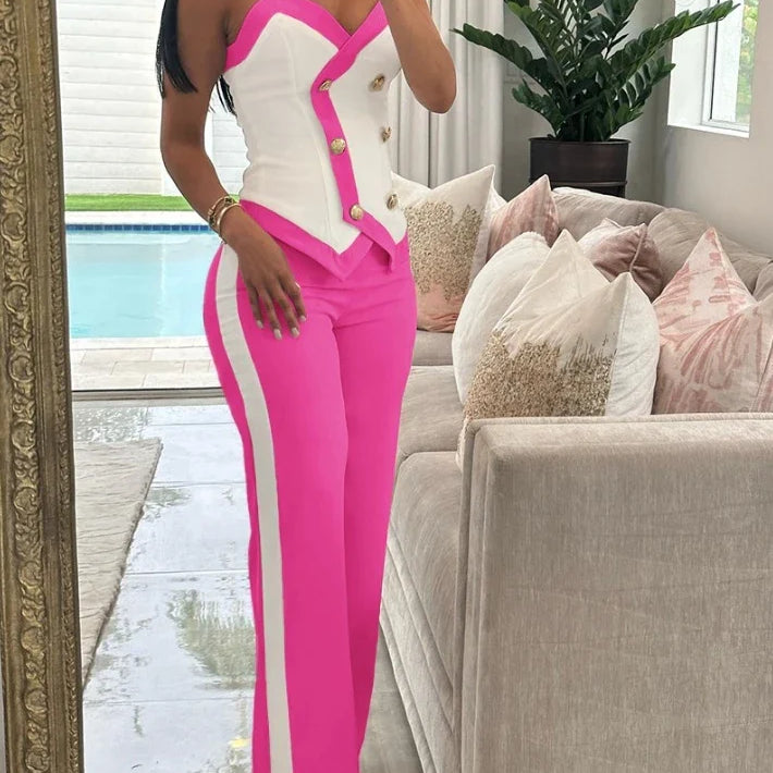 Two Piece Set Women Outfit Summer Fashion Double Breasted Chain Strap V-Neck Cami Top & Casual Daily Straight Leg Pants Set C