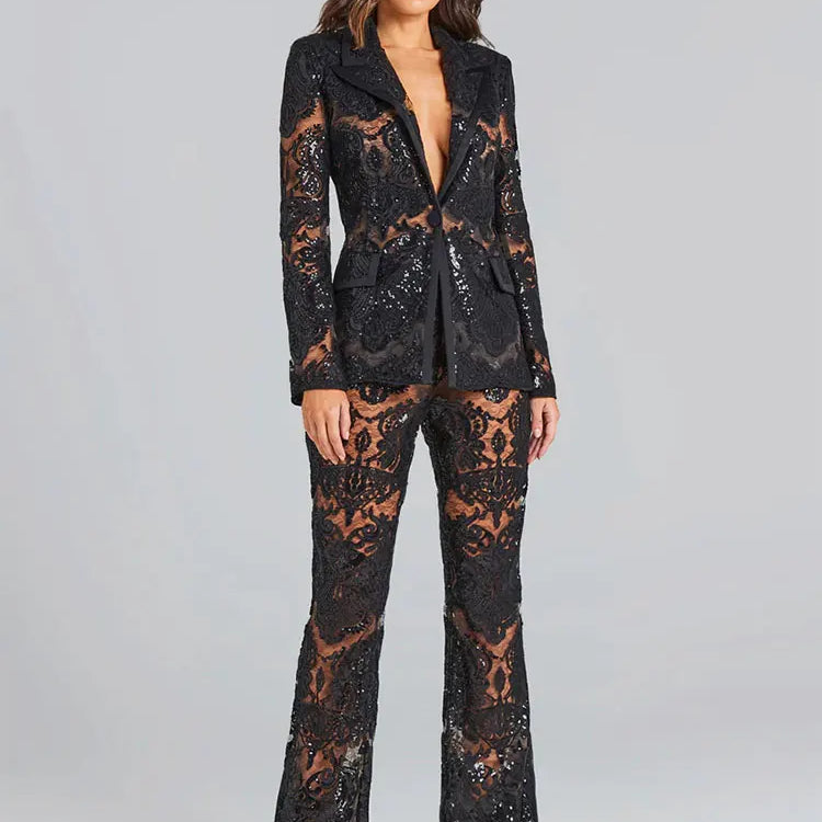 Sexy Autumn Women's Sequin Perspective Suit Pants Set with Polo Collar Long Sleeve Slim Fit Suit Coat+Flare Pants Two Piece Set