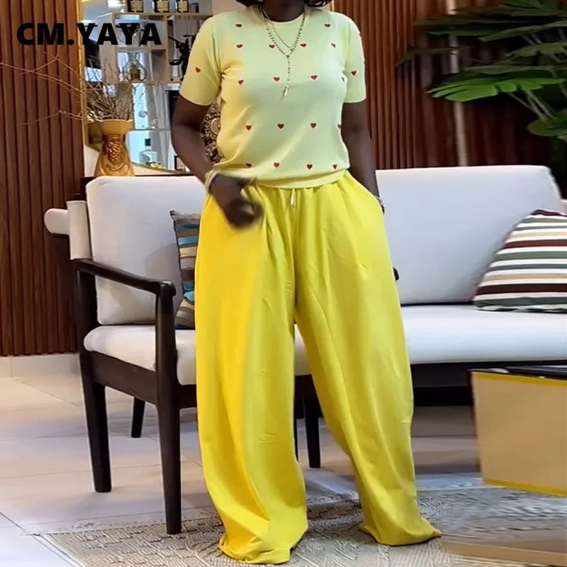 Fashion Women's Set Love Short Sleeve T-shirt and Wide Leg Pants 2025 Summer Active Two 2 Piece Sets Outfit Tracksuit