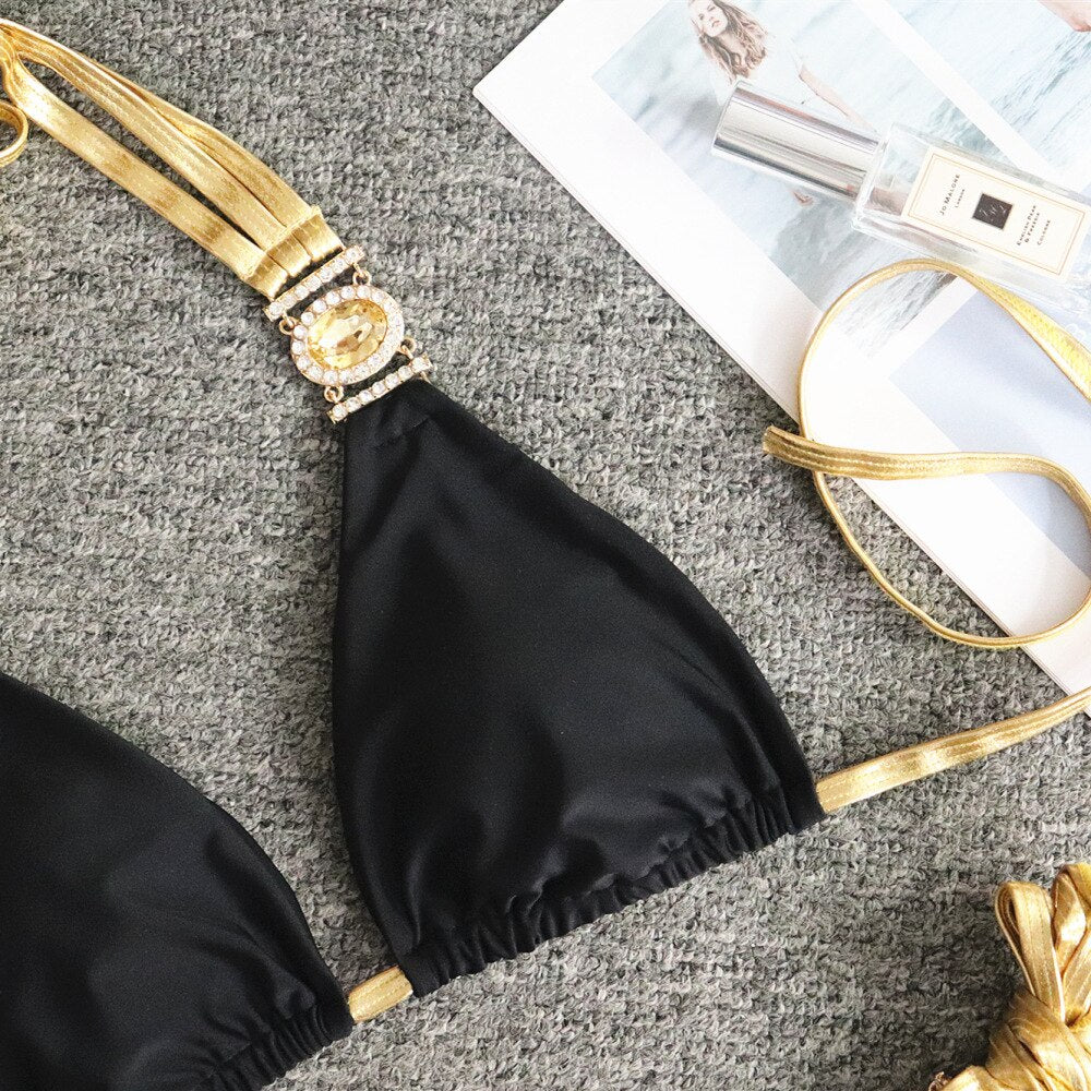 Sexy Triangle Bikini Rhinestone Diamond Women Swimsuit Tie Up Tassels Swimwear Luxury Crystal Bathing Suit