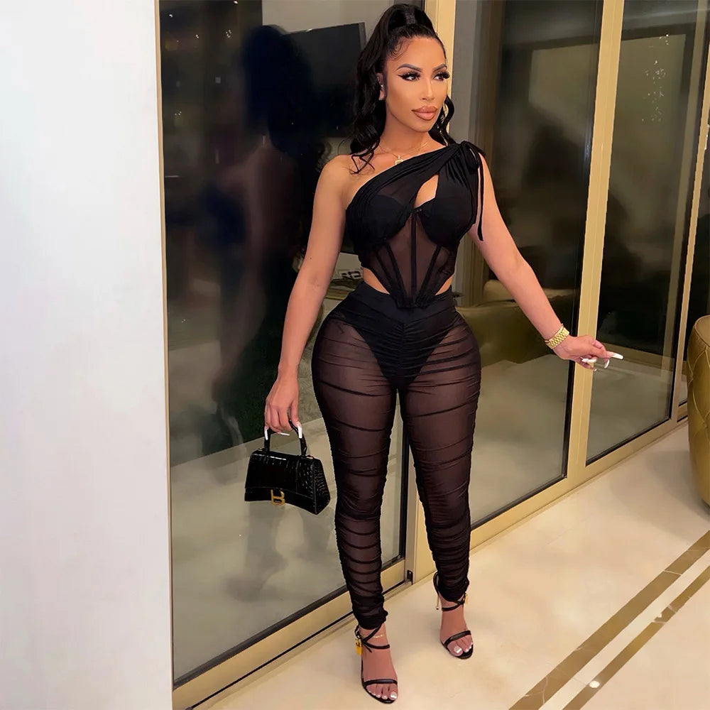 Mesh See Though Women's Set One Shoulder Sleeveless Crop Top and Stacked Pants Suit 2023 Two 2Piece Set Outfit Tracksuit black